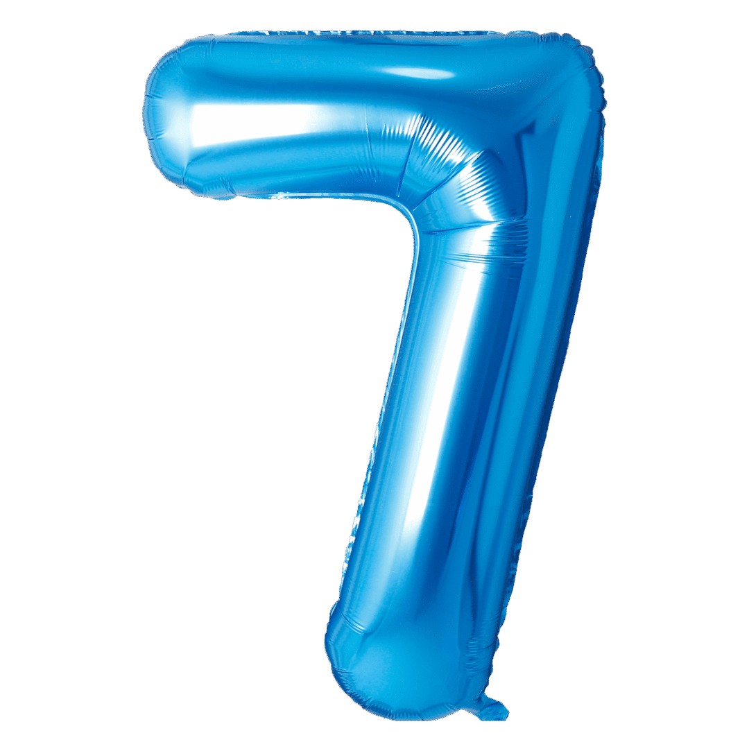 A shiny blue balloon shaped like the number seven.