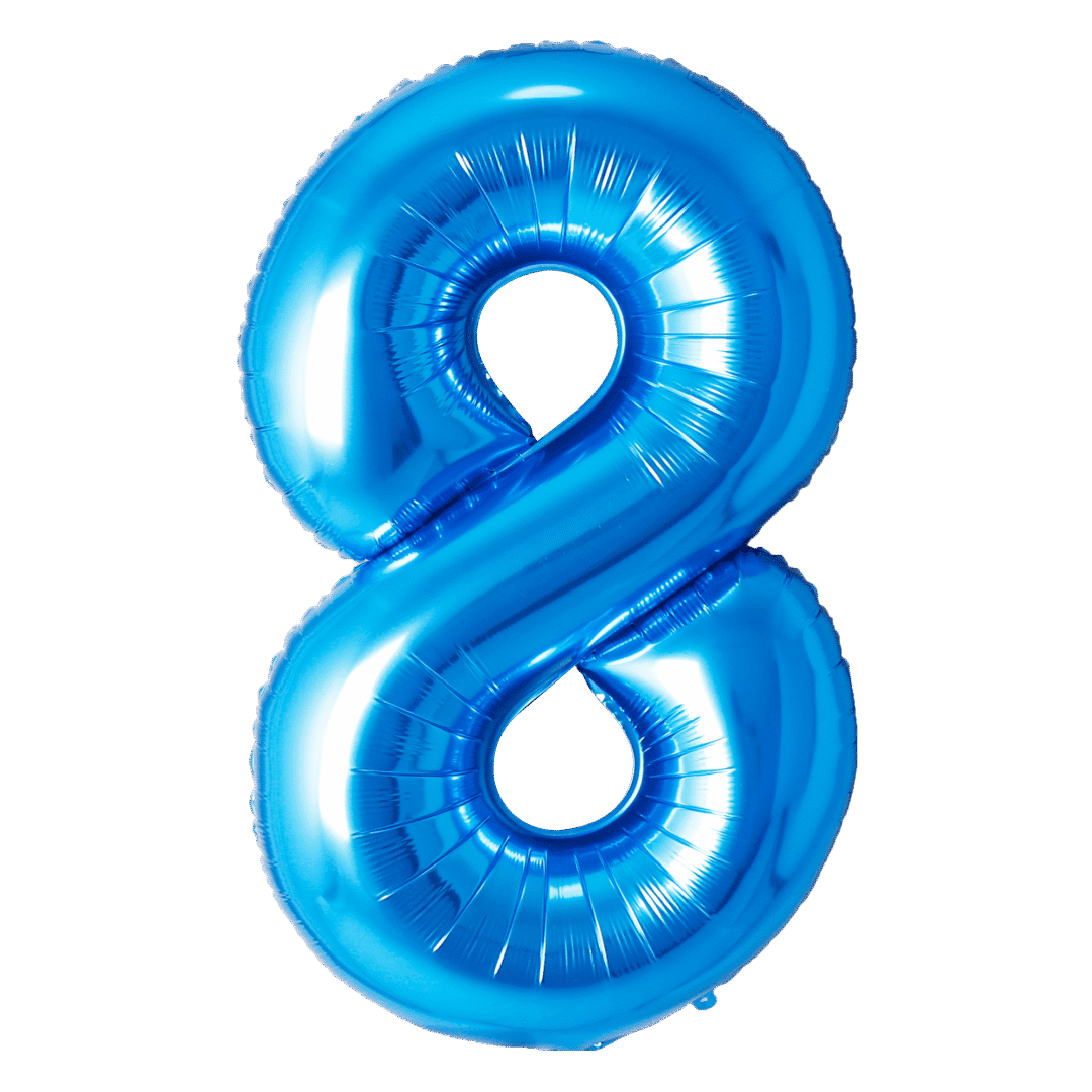 A shiny blue balloon shaped like the number 8.