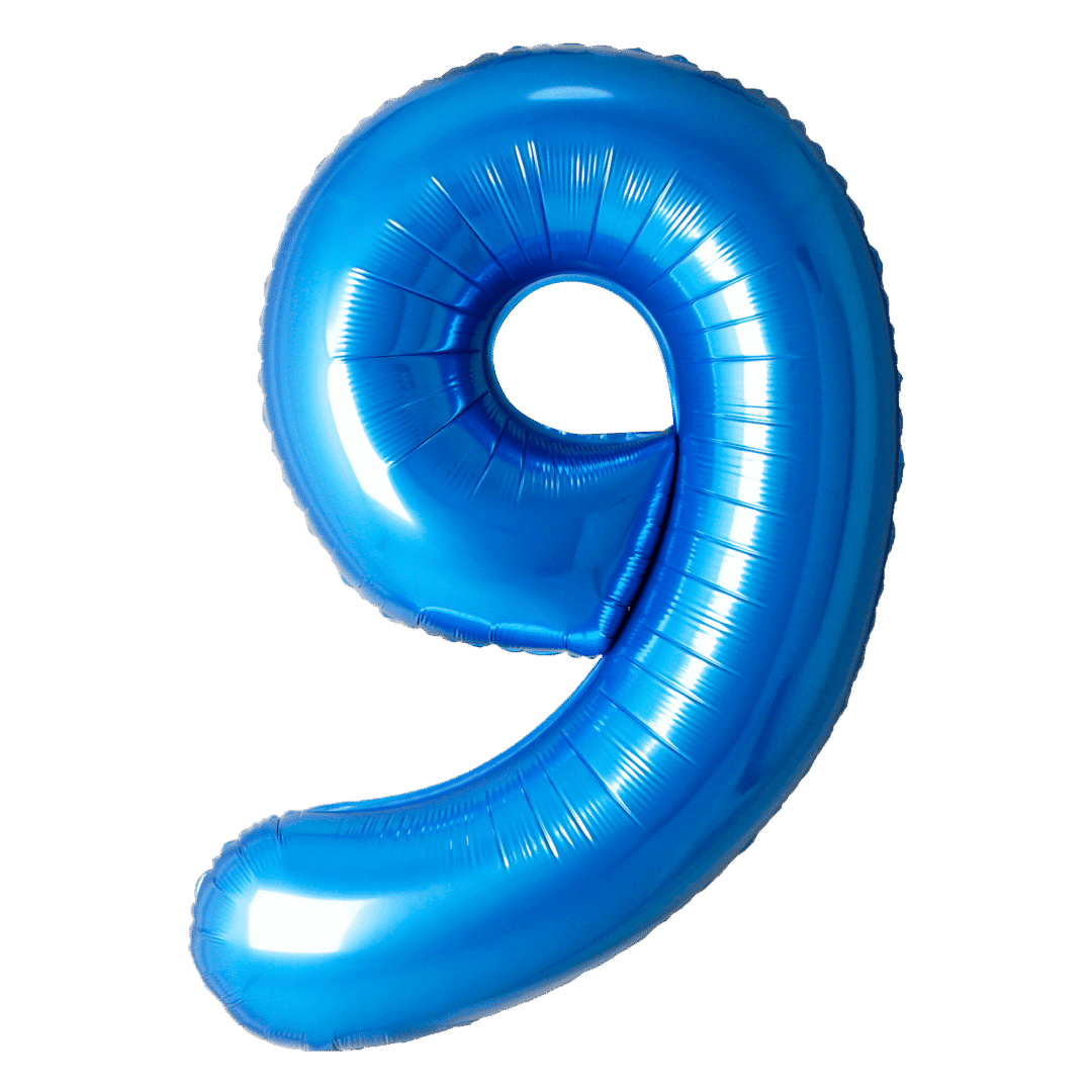 A shiny blue balloon shaped like the number 9.