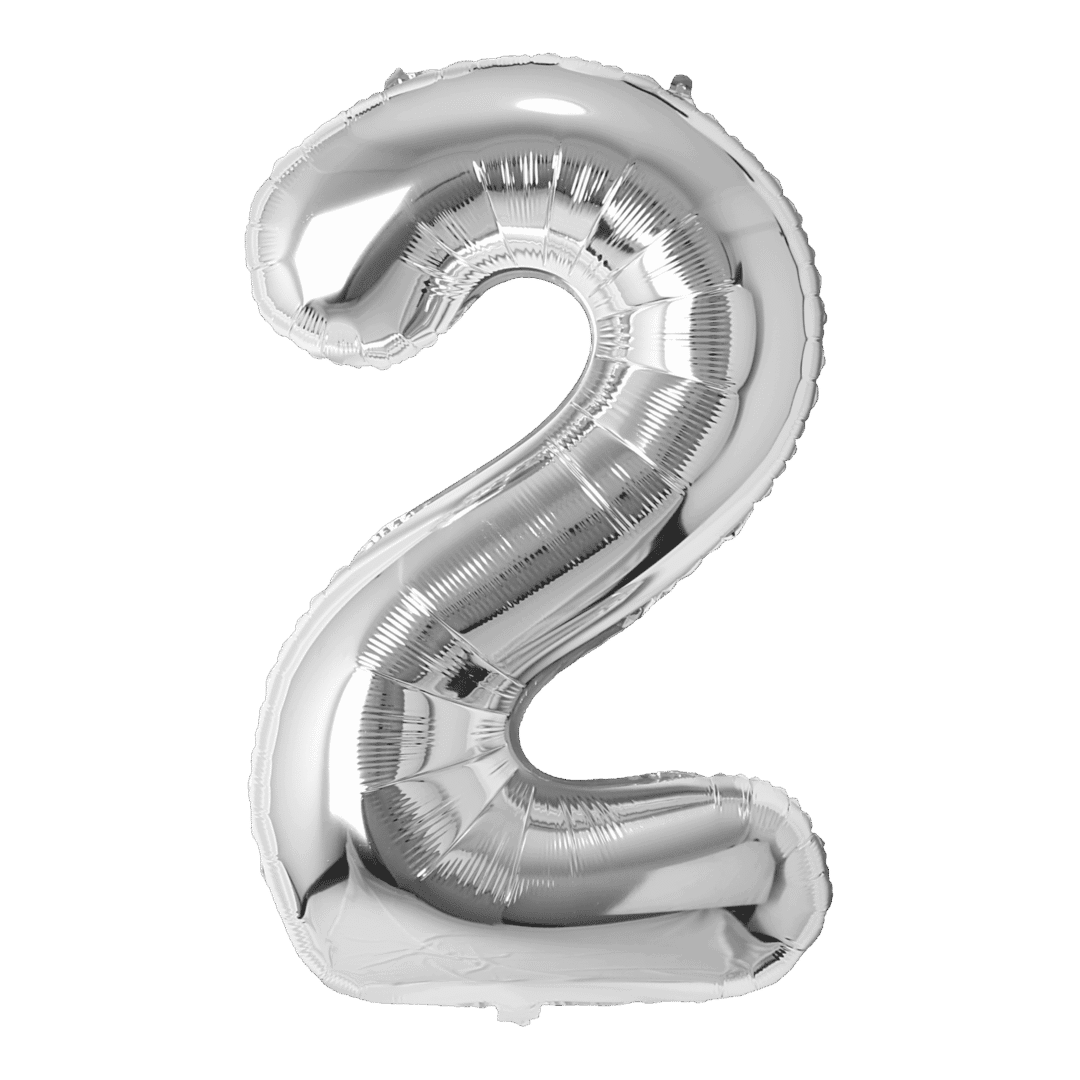 A silver balloon shaped like the number 2.