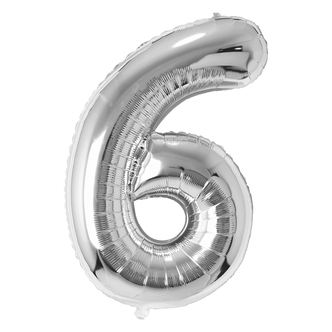 A shiny silver balloon shaped like the number 6.