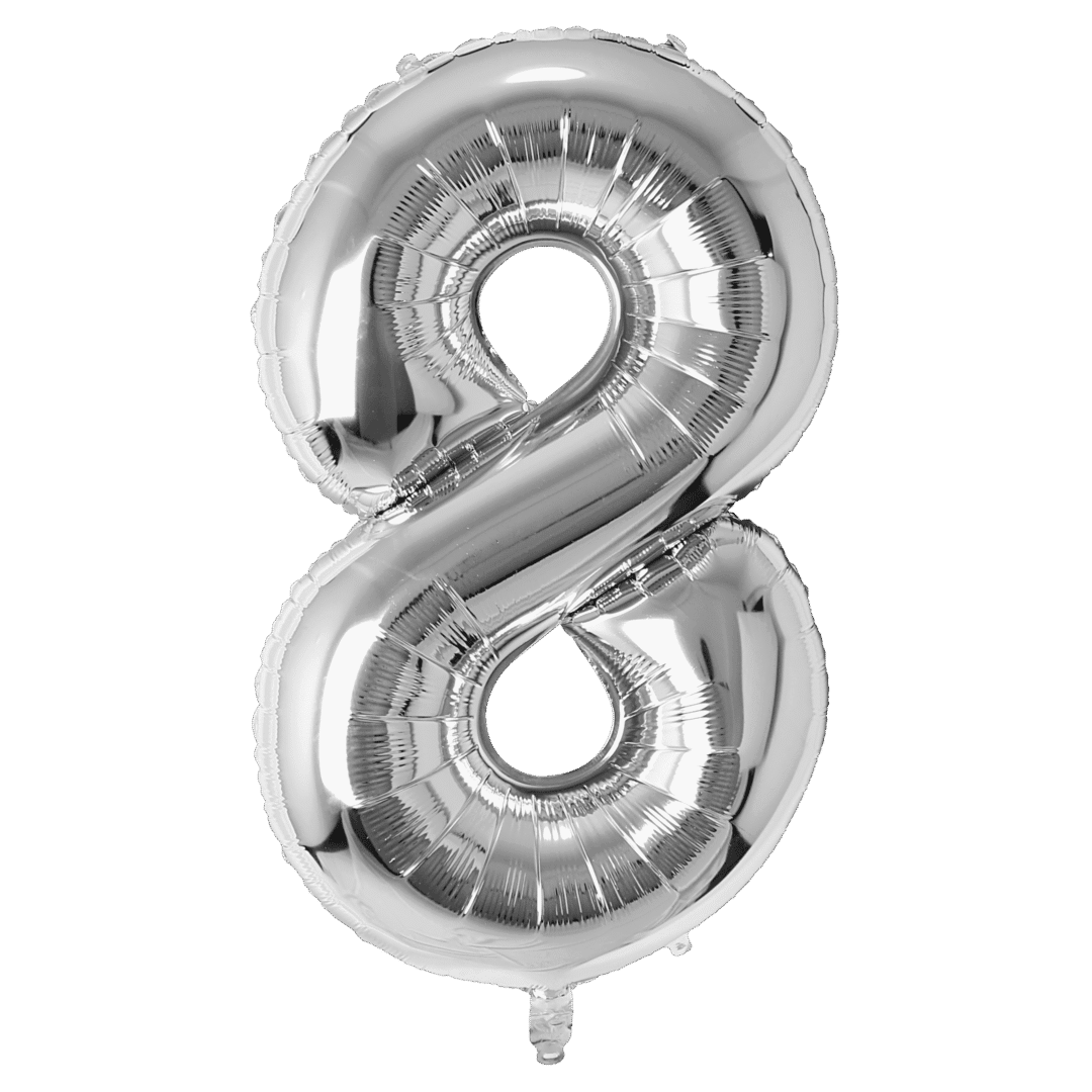 Silver balloon shaped like the number 8.