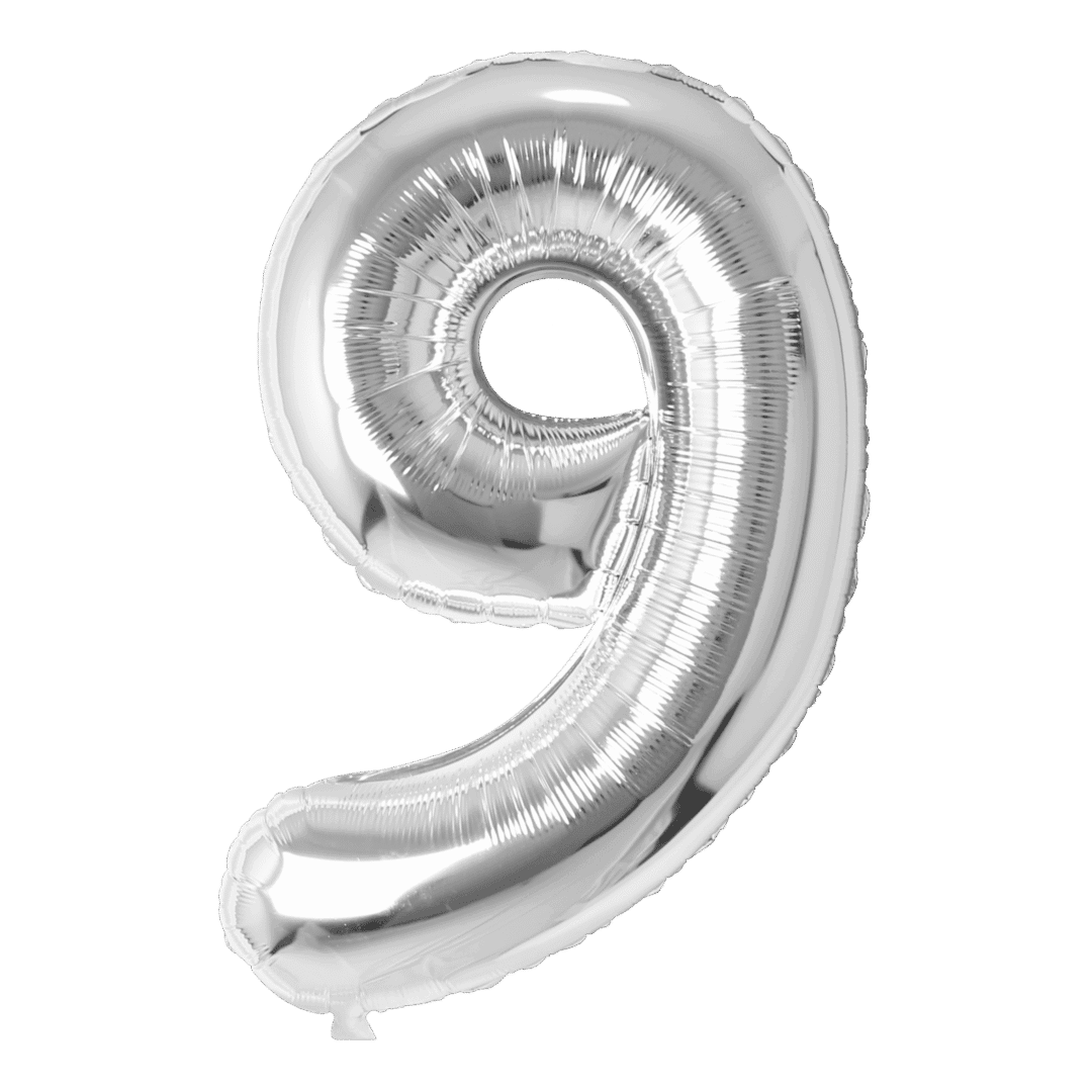A silver balloon shaped like the number nine.