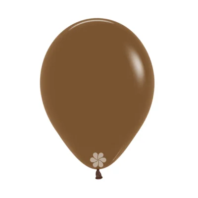 A brown balloon with a small flower design near the tied end.