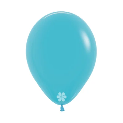 A single blue balloon with a small white flower design near the knot.