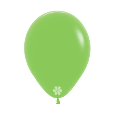 A shiny green balloon with a small white flower design near the knot.