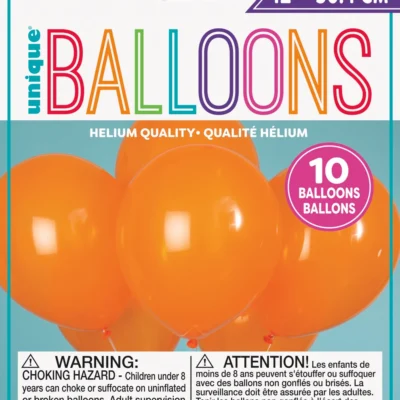 Package of 10 orange helium balloons.
