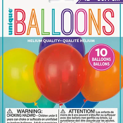 Colorful helium balloons in red, yellow, and blue for celebrations.