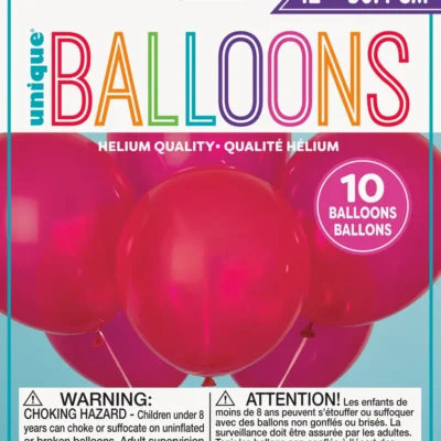 A package of 10 shiny red helium balloons.
