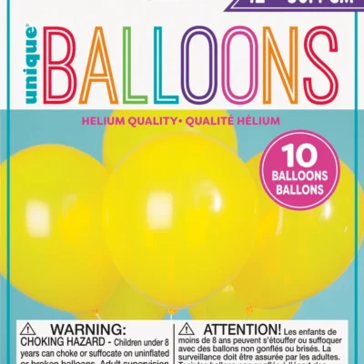 Package of 10 yellow helium balloons for parties and celebrations.
