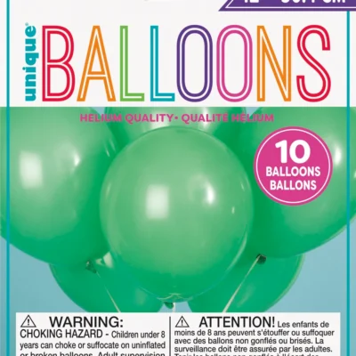 A pack of 10 green unique balloons in a clear plastic bag.