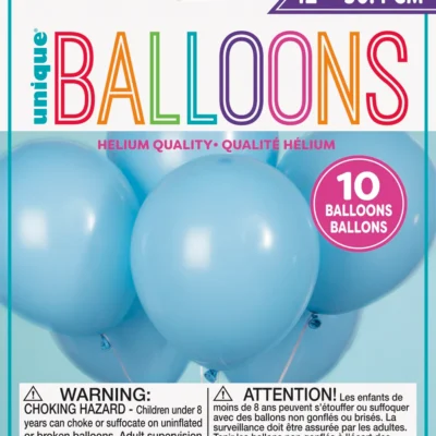 Package of 10 light blue helium balloons.