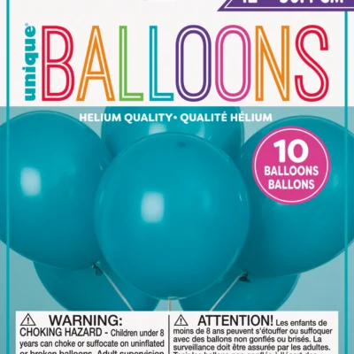Package of 10 blue helium balloons.