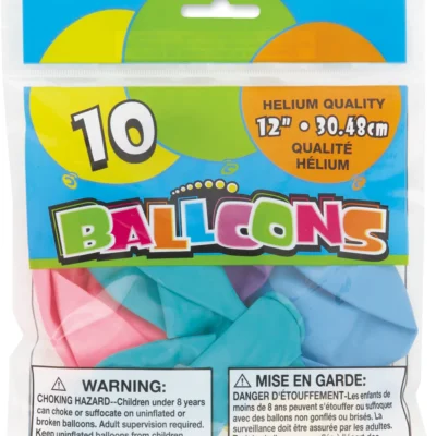 A pack of 10 colorful latex balloons.