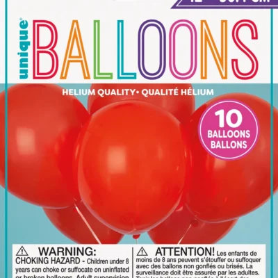 A pack of 10 red helium balloons for decoration.