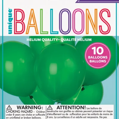 Pack of 10 green latex balloons for parties and events.