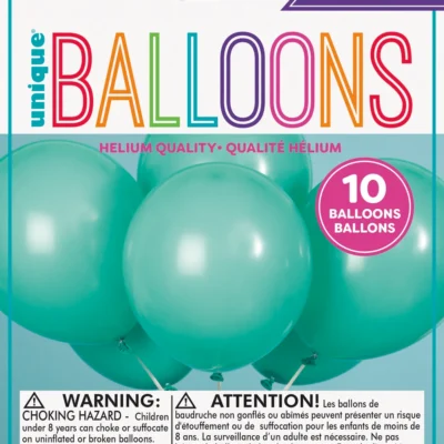 Package of 10 teal-colored helium quality balloons.