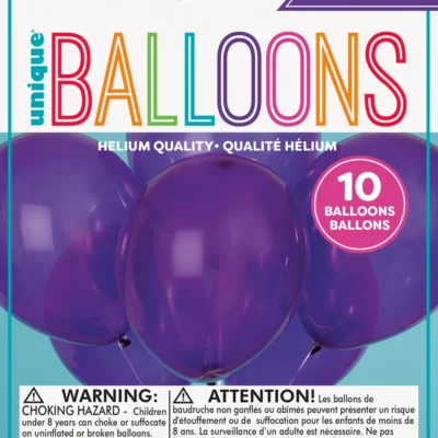 Package of 10 purple helium balloons for parties and celebrations.
