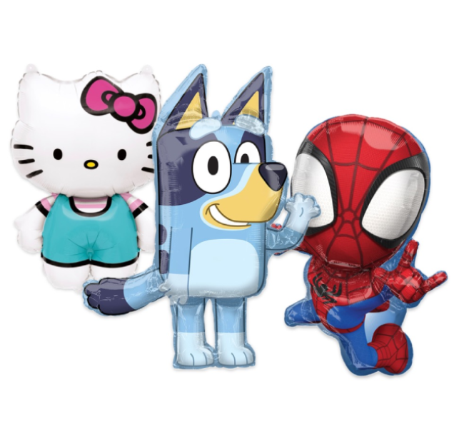 Three cartoon character plush toys: Hello Kitty, Bluey, and Spider-Man.