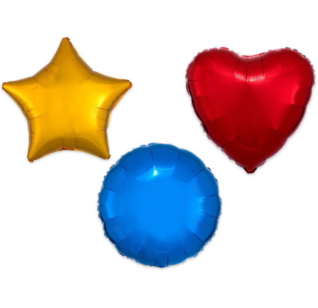 Three colorful balloons: a gold star, a red heart, and a blue circle.