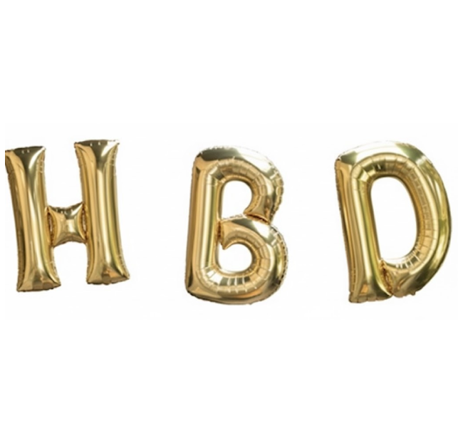 Gold balloons spelling HBD on a white background.