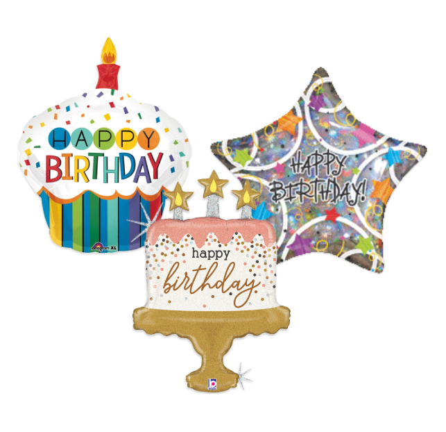 Colorful birthday decorations including balloons and a cake.
