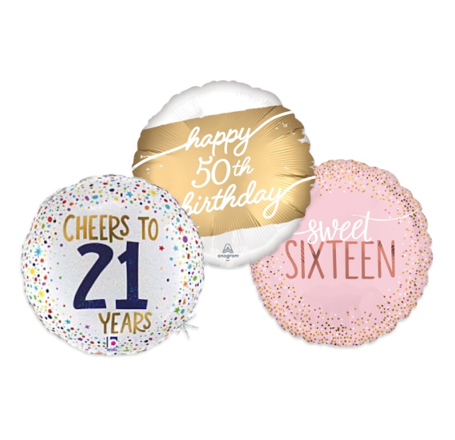 Three birthday balloons for 16, 21, and 30th celebrations.