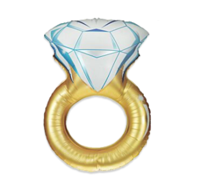 A large novelty ring with a gold band and oversized clear diamond.