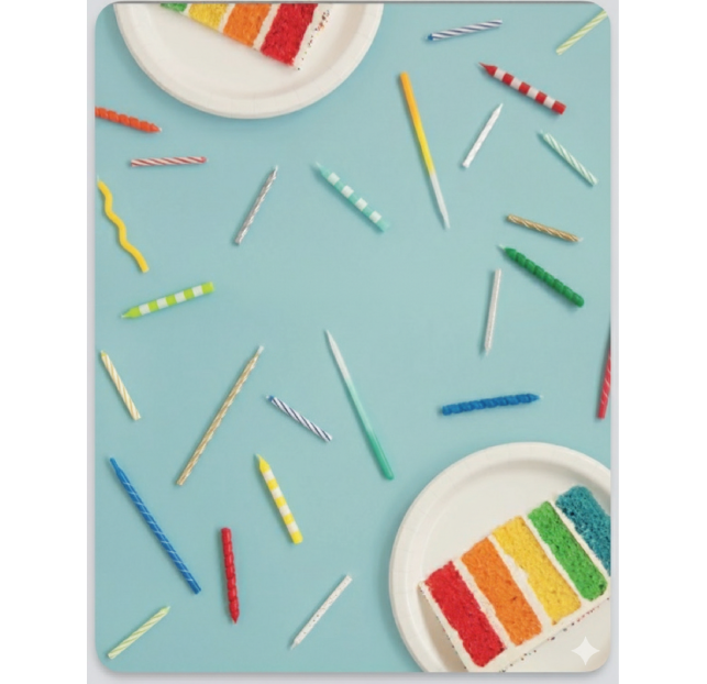 Rainbow cake slices with colorful candles on a blue background.