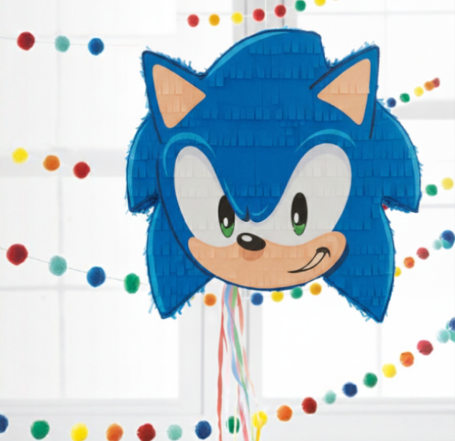 A Sonic the Hedgehog balloon decoration with colorful hanging dots.