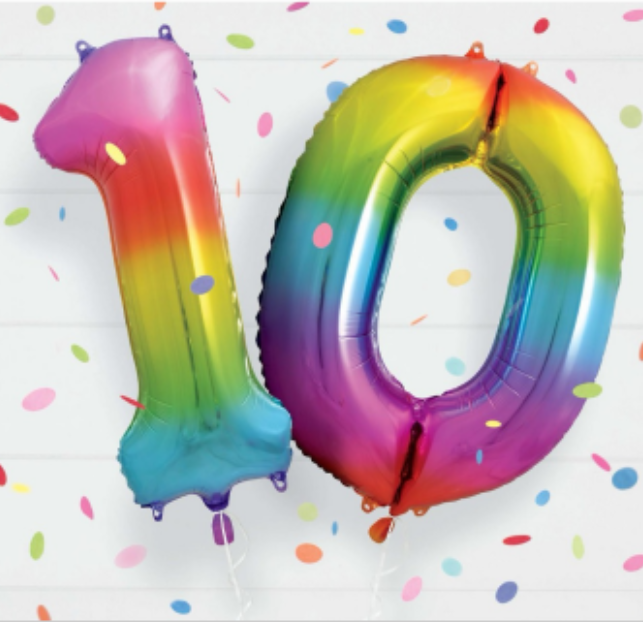 Colorful number 10 balloons on a white background with confetti.