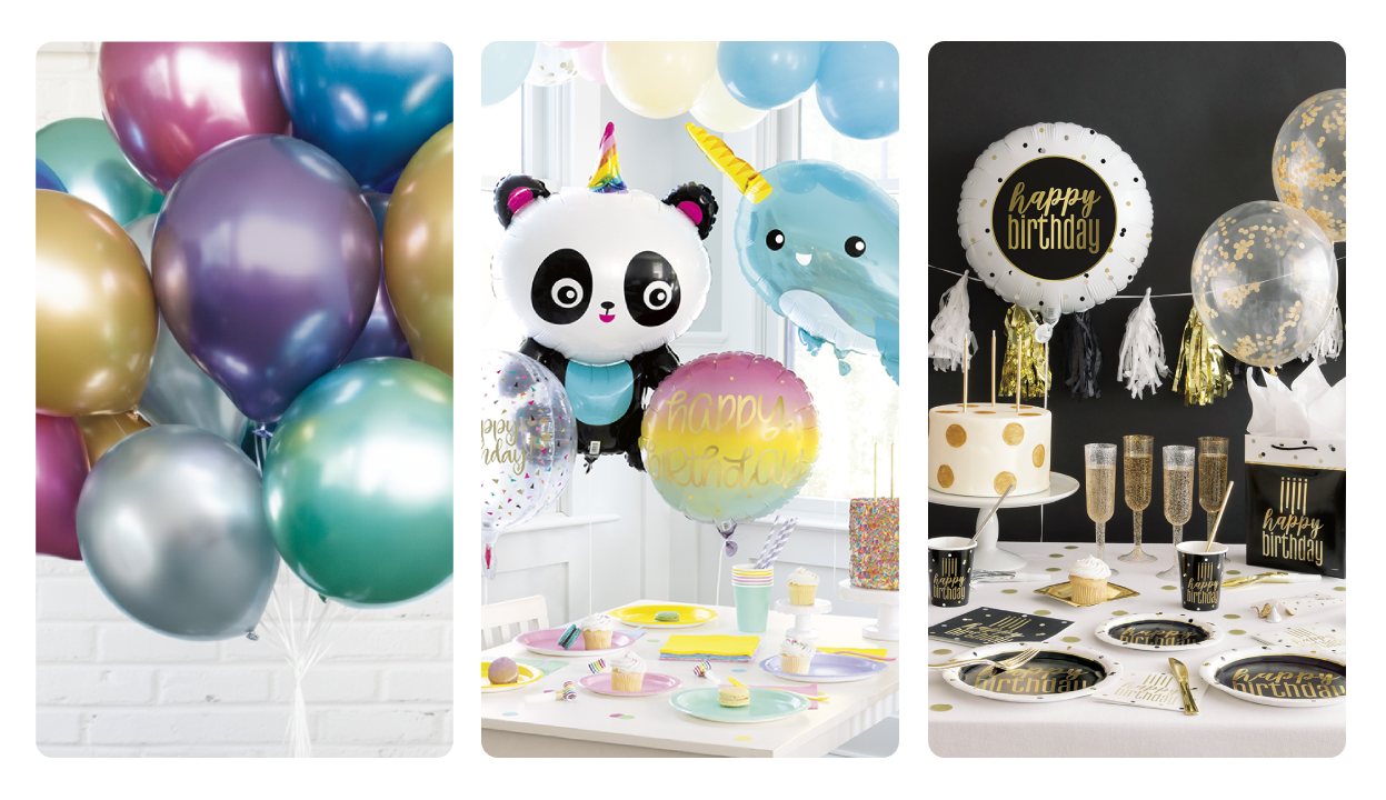 A colorful unicorn-themed birthday party setup with balloons and panda decorations.