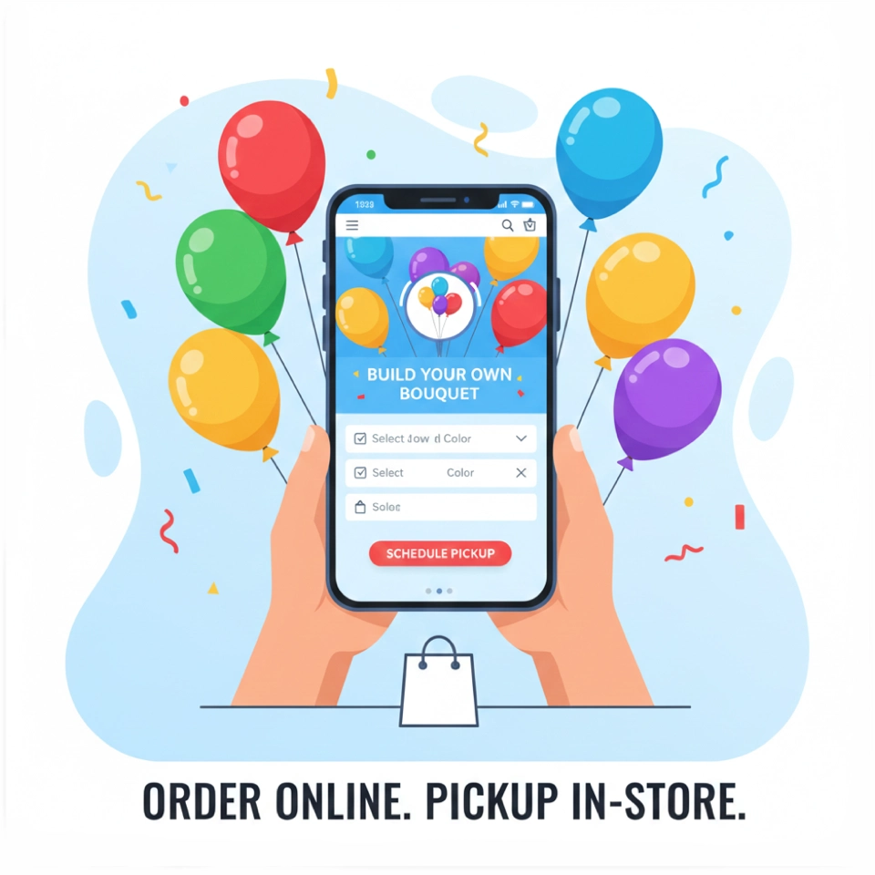 Person ordering food online using a mobile app with colorful balloons around.